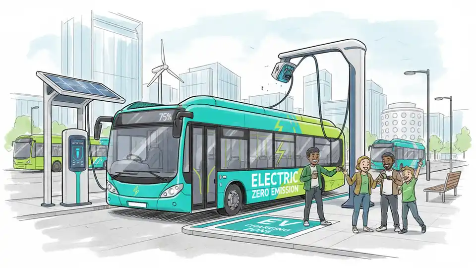 Electric bus at charging station with modern transit infrastructure in West Midlands