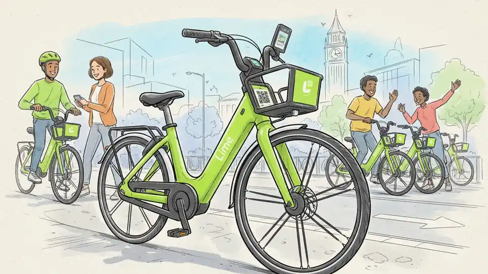 Close-up of new-generation Lime e-bike showing repositioned battery and updated wheel design