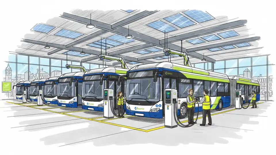 Bus depot charging infrastructure with electric buses connected to charging stations, showing modern zero-emission fleet maintenance facility
