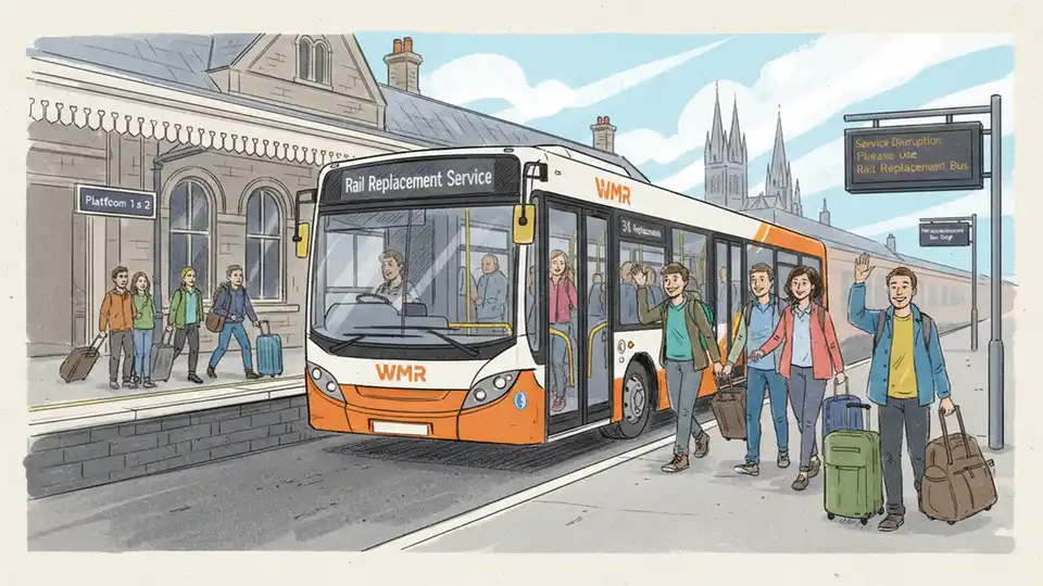 Replacement bus at railway station stop with West Midlands Railway branding, passengers boarding during rail service disruption