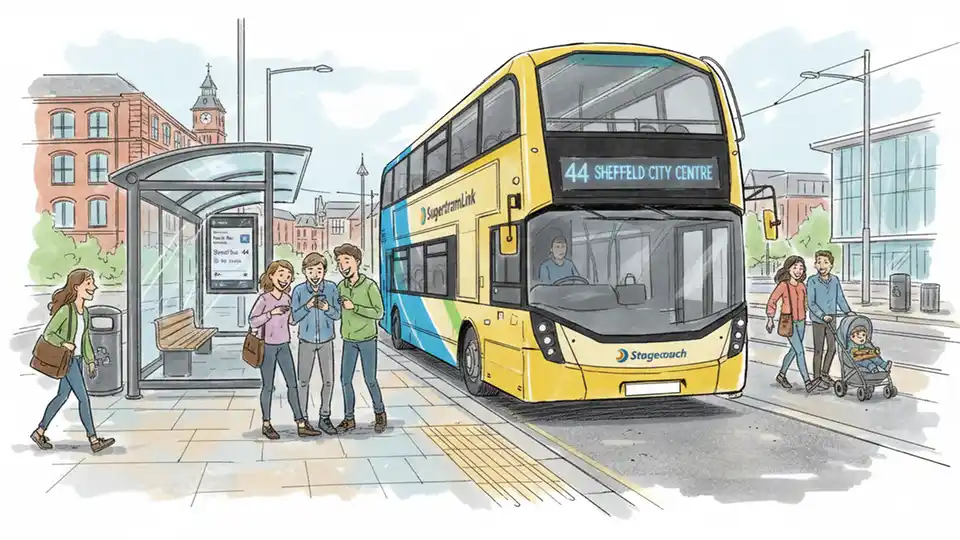 South Yorkshire bus displaying route information with modern transit infrastructure in background