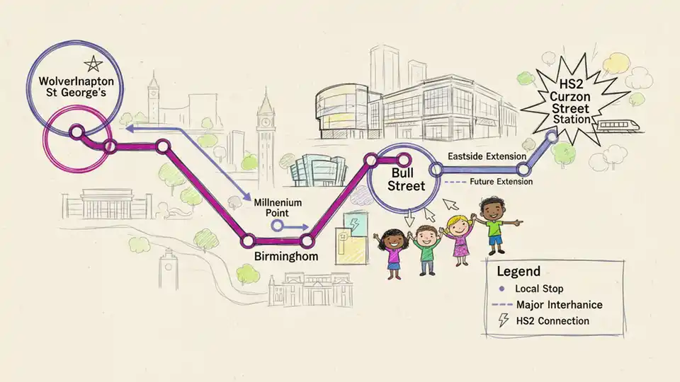 West Midlands Metro network map showing Wolverhampton St George's station, Bull Street terminus point, and the new Eastside extension route to Millennium Point with HS2 Curzon Street Station connection highlighted