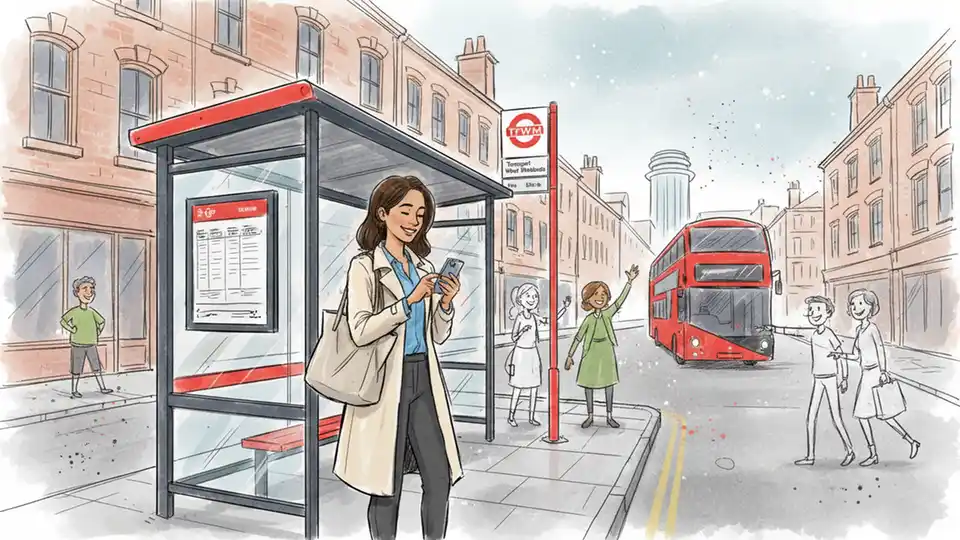 Woman using mobile phone while waiting at UK bus stop during daytime