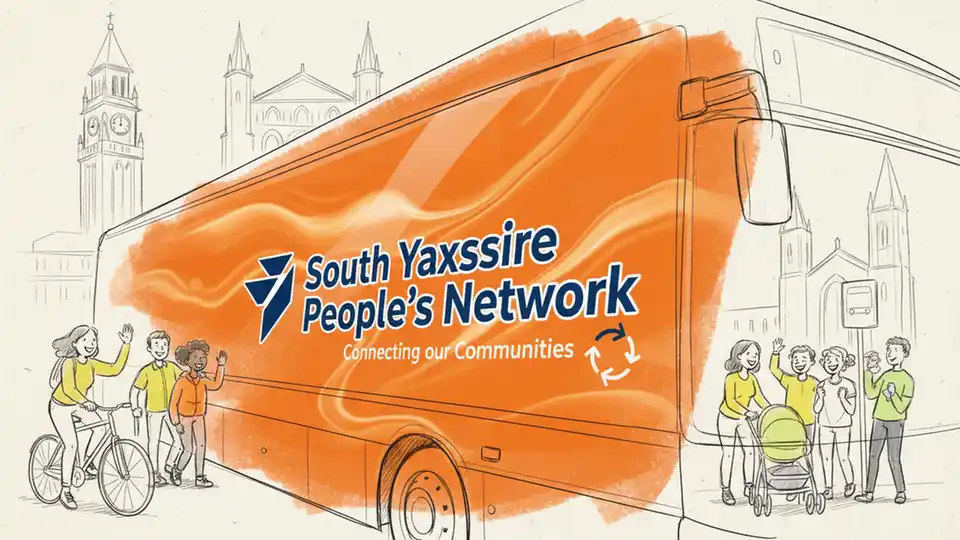 Close-up of molten orange bus exterior showing South Yorkshire People's Network logo and branding details, emphasizing the industrial heritage-inspired color scheme. Alt text: South Yorkshire bus branding detail in molten orange with People's Network logo. Composition: Tight shot of bus side panel showing logo, color scheme, and design elements that reference regional industrial heritage.