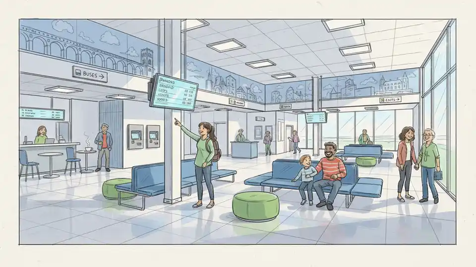 Modern bus station interior with digital information screens, new seating areas, and improved lighting