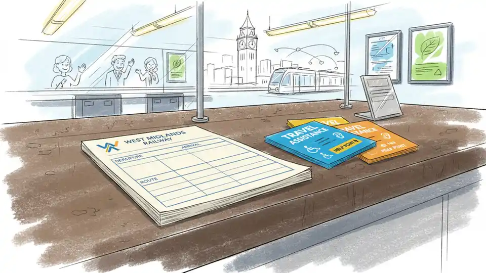 Close-up of journey planner notepad and Travel Assistance Cards on ticket office counter