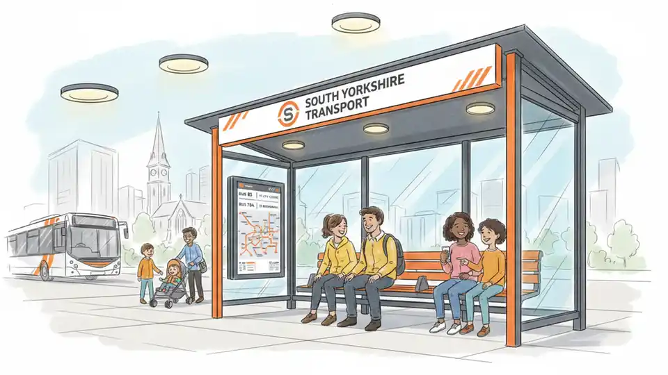 Modern bus stop with orange branding and digital display in South Yorkshire