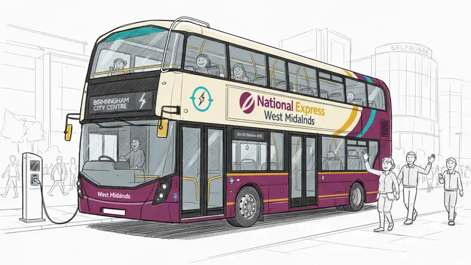National Express double-decker bus in West Midlands livery showing electric charging port