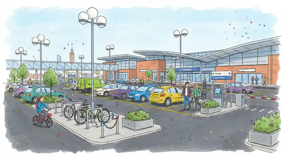 Railway station car park with modern parking facilities and bike racks in West Midlands