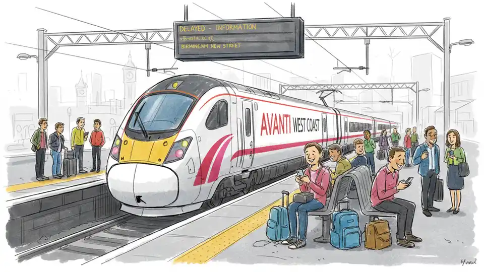 Avanti West Coast train at platform with passengers waiting during service delay