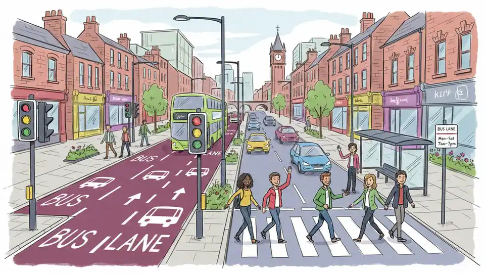 Bus priority lane infrastructure with dedicated roadway markings and traffic signals designed for transit vehicles in urban corridor