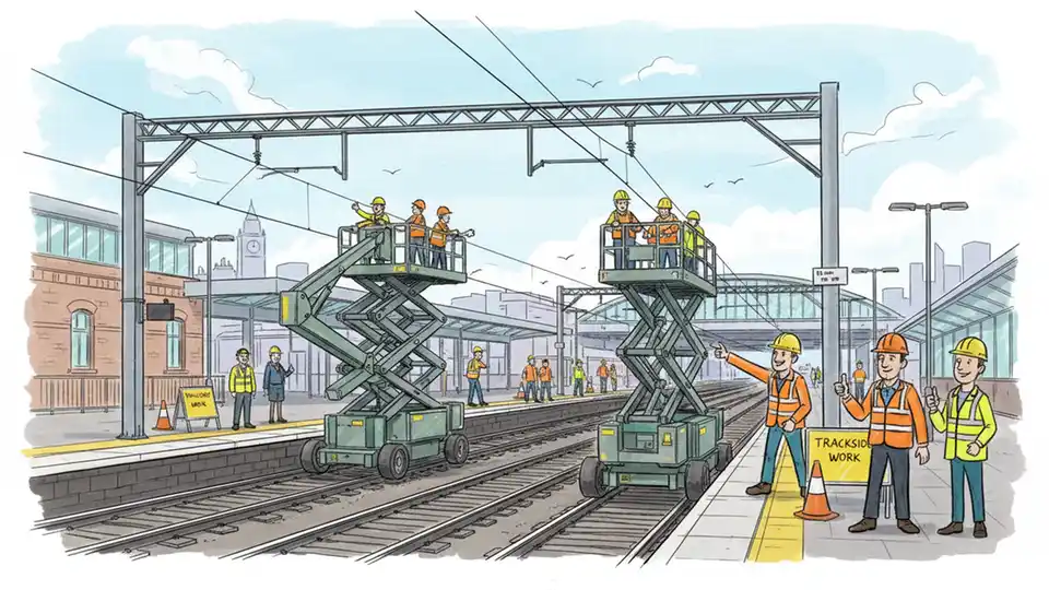 Railway engineering crew working on overhead electric lines at train station