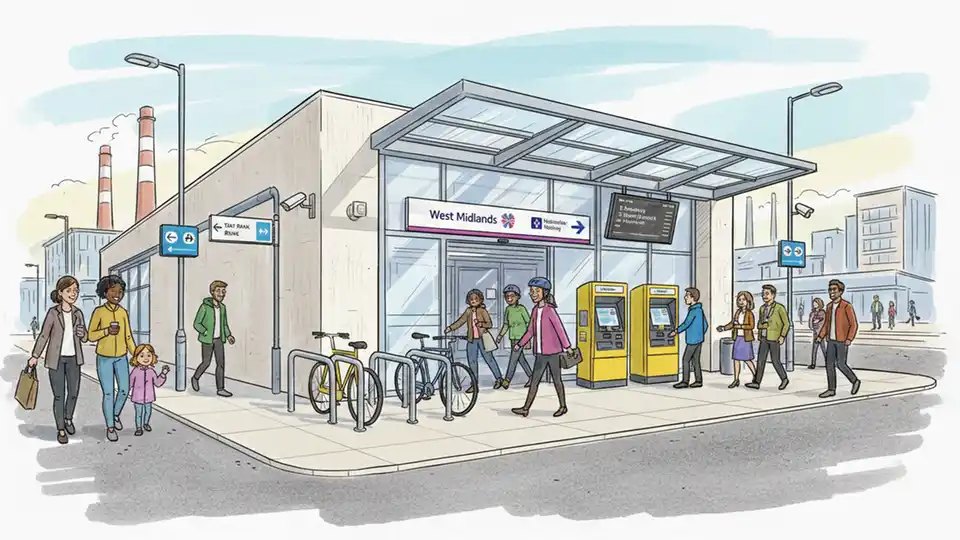 Willenhall railway station entrance with ticket machines, cycle racks, and signage showing Shrewsbury to Birmingham New Street line service