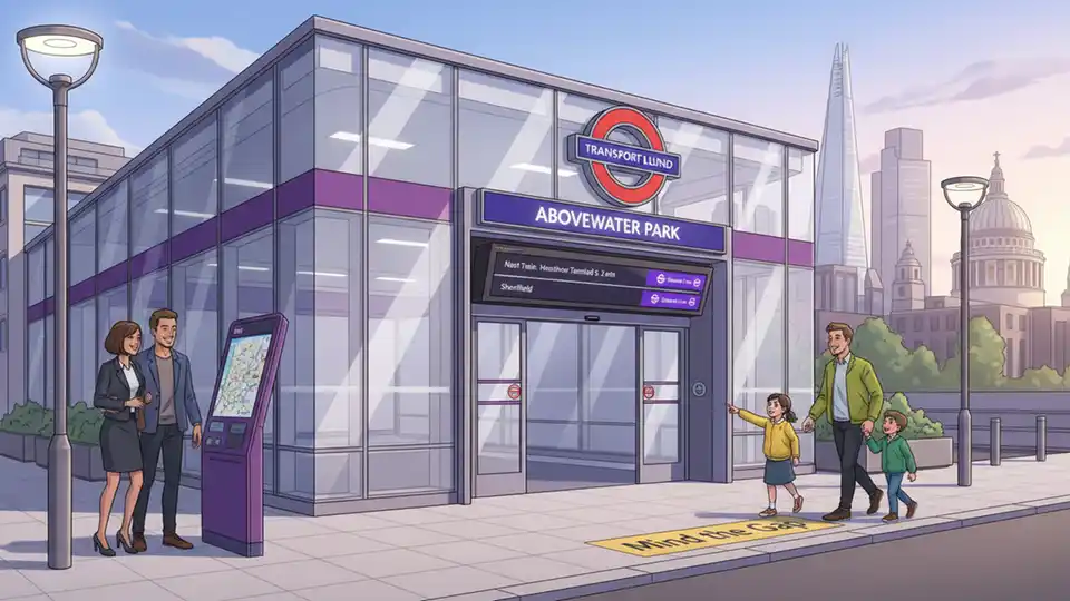 Elizabeth Line station entrance with TfL roundel signage and customer information displays