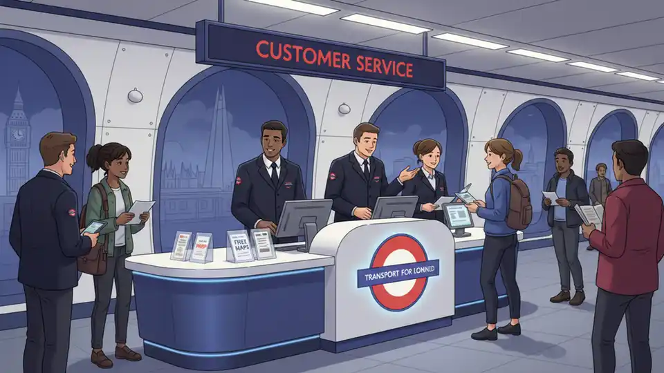 Transport for London customer service desk at tube station with staff assisting passengers