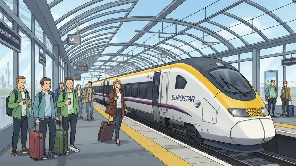 Eurostar train at Ashford International station platform with passengers waiting