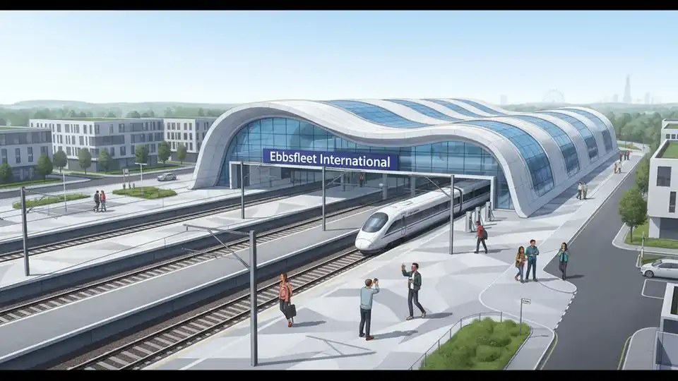Ebbsfleet International station exterior with modern architecture and rail infrastructure