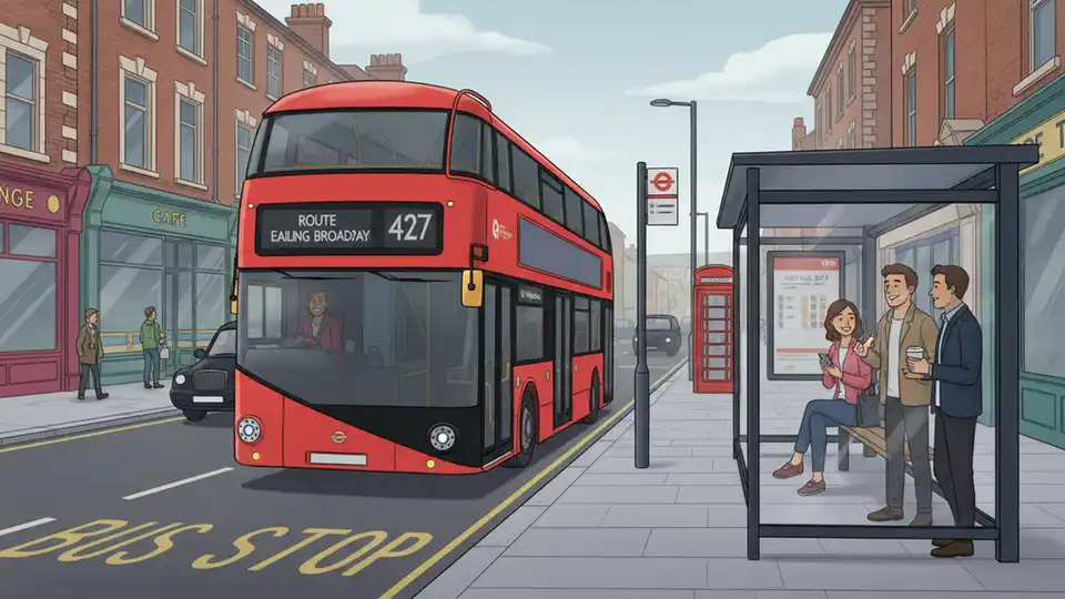 Red London double-decker bus approaching bus stop on Uxbridge Road in Hayes, with passengers waiting at shelter