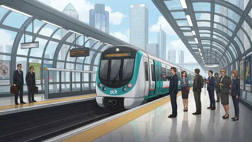 Docklands Light Railway train at Canary Wharf station with passengers waiting on platform