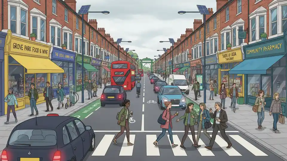 Local shops and businesses on urban high street with traffic congestion visible, Grove Park commercial area, street view