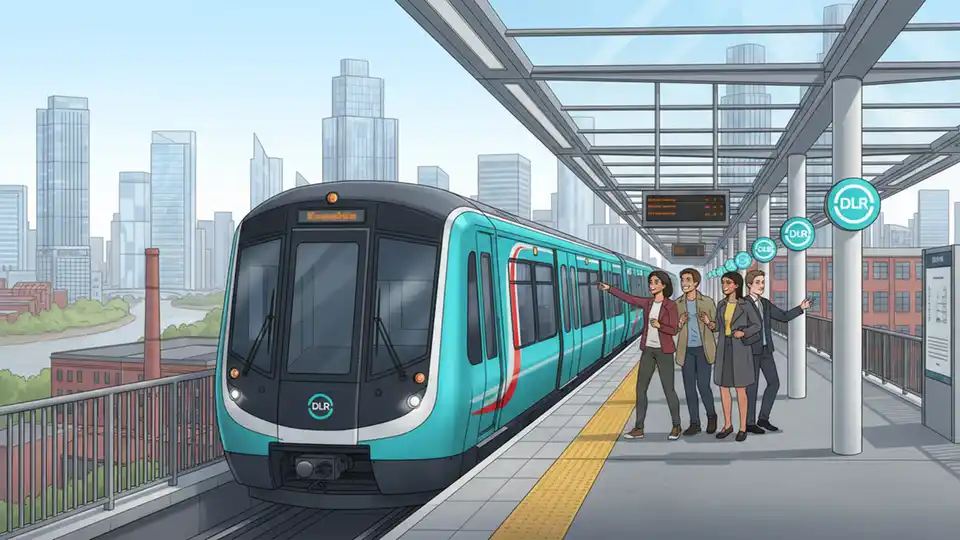 Docklands Light Railway train at elevated station platform in southeast London