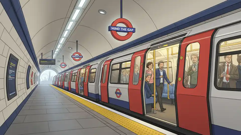 London Tube station platform with train at stop showing interior through open doors, emphasizing public transit environment