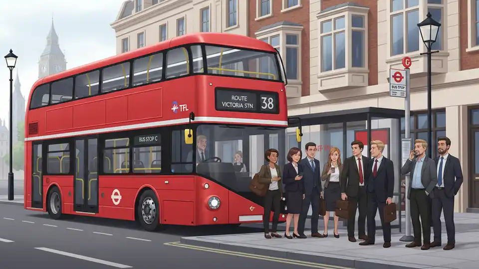 London bus at city stop with passengers boarding during rail service disruption