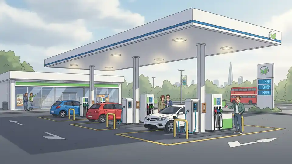 UK fuel station with cars refueling normally, showing steady supply and no queues