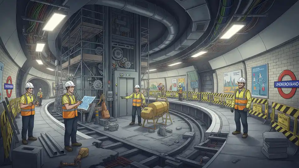 Construction work at London Underground Tube station showing new platform construction and lift installation, with workers and equipment visible at an active transit improvement site