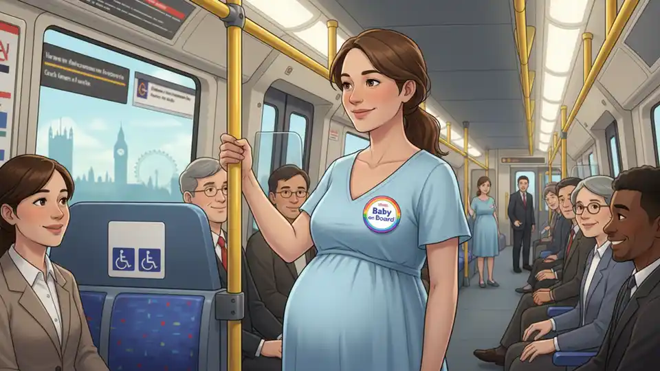 Pregnant passenger wearing Baby on Board badge on London Underground train with priority seating visible in background