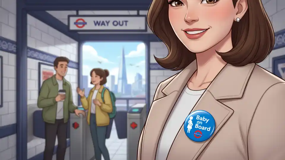 Close-up of Baby on Board badge showing distinctive design, photographed at London Underground station entrance