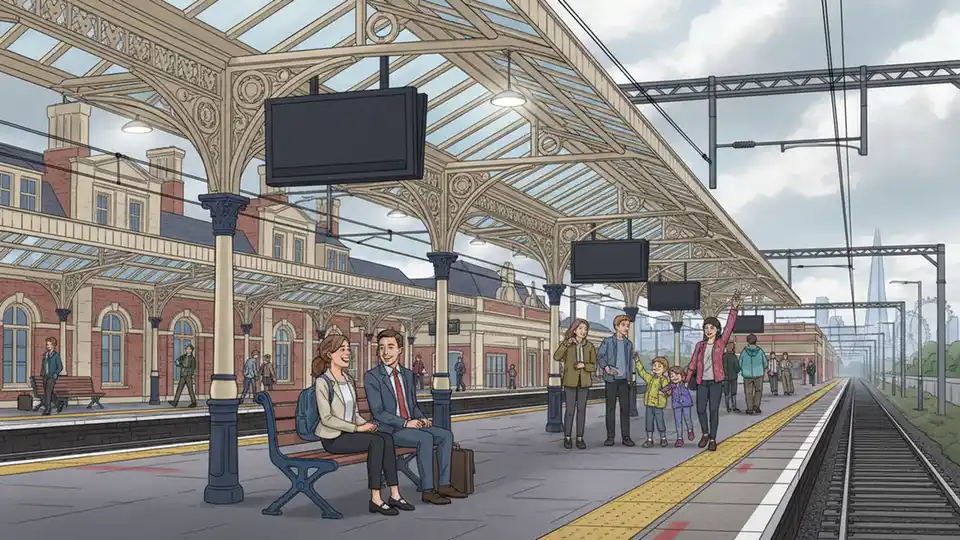 Surrey railway station platform with closed service boards and waiting passengers