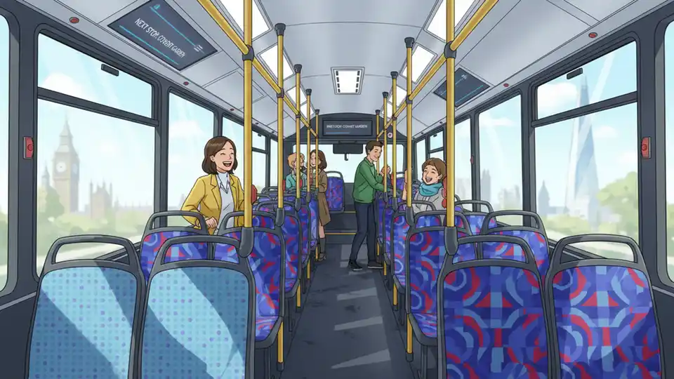 Interior of London double-decker bus during daytime showing seats and windows, illustrating typical public transport environment