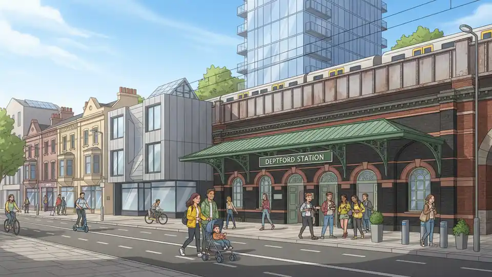 Deptford Station entrance with surrounding neighbourhood showing mix of historic architecture and modern development, pedestrians entering station, street view perspective