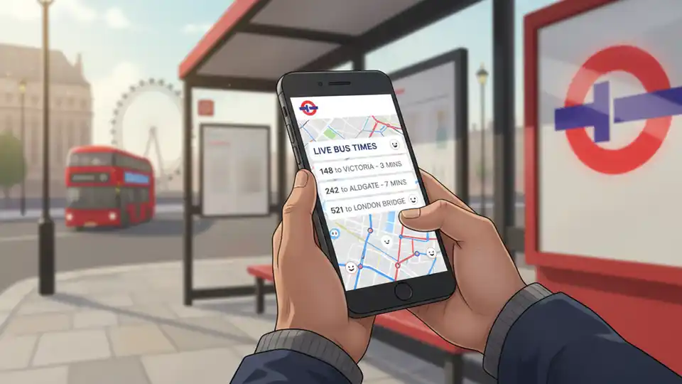 Close-up of passenger using smartphone to access transit agency website at bus shelter