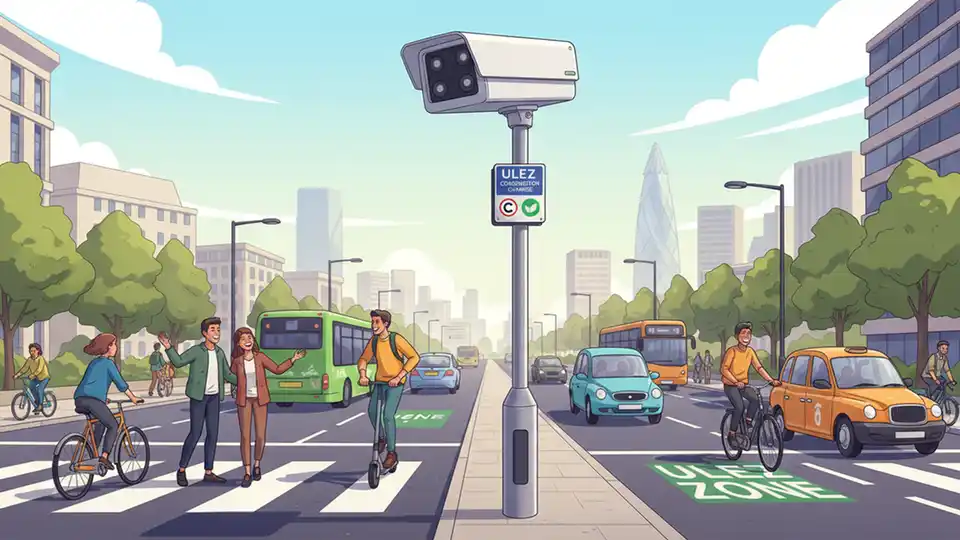 ULEZ or Congestion Charge camera mounted on pole monitoring London traffic