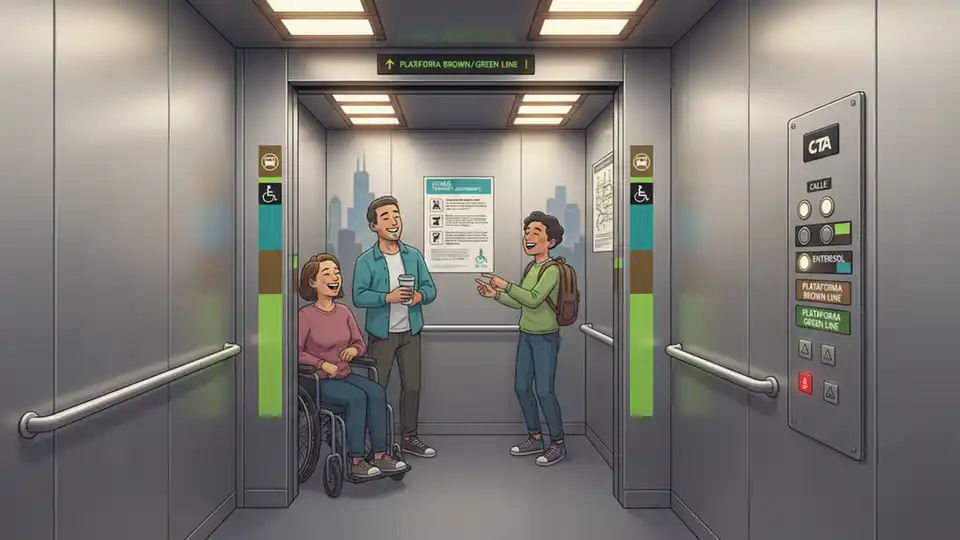 CTA elevator interior showing accessible controls and platform level indicators for Brown and Green Line service