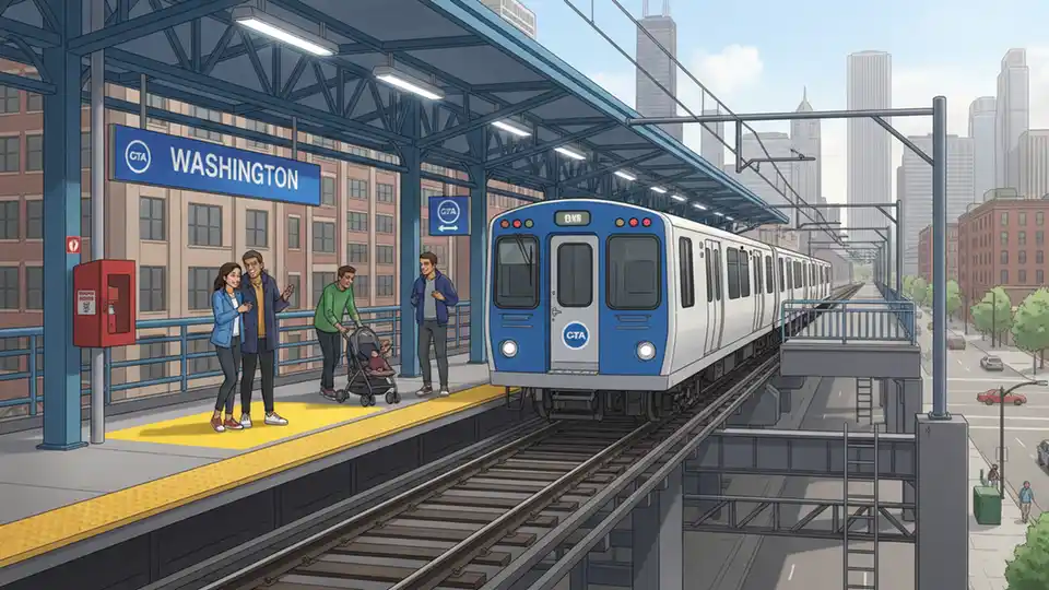 CTA Blue Line train at elevated platform station in Chicago with emergency response area and station infrastructure