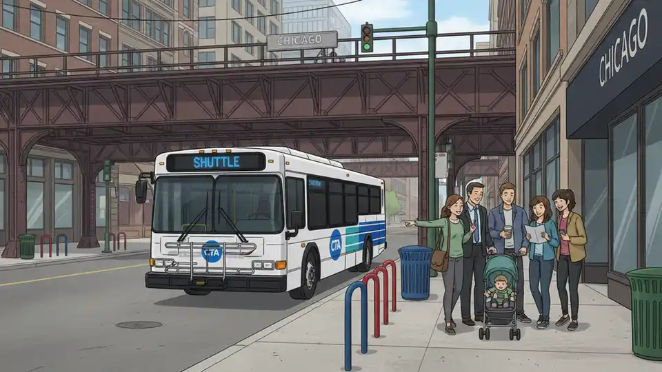 CTA shuttle bus at urban bus stop with Red Line elevated tracks visible in background