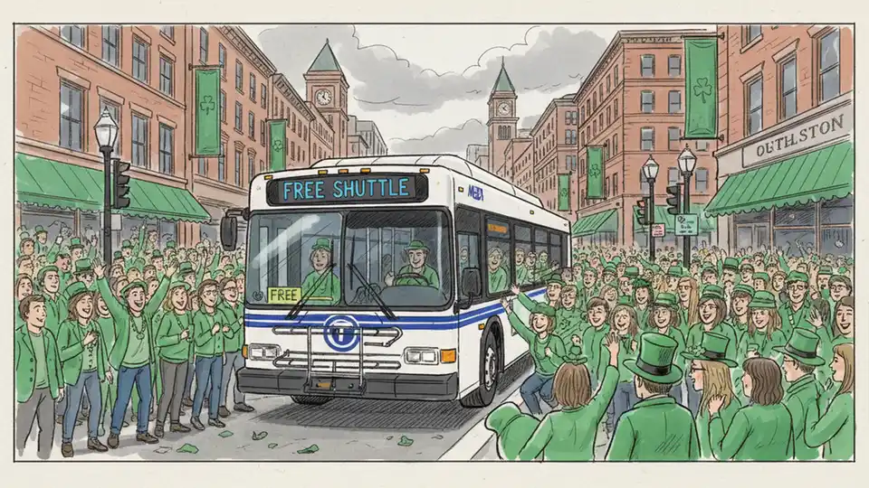 Free MBTA shuttle bus operating between South Station and South Boston with St. Patrick's Day parade crowds visible