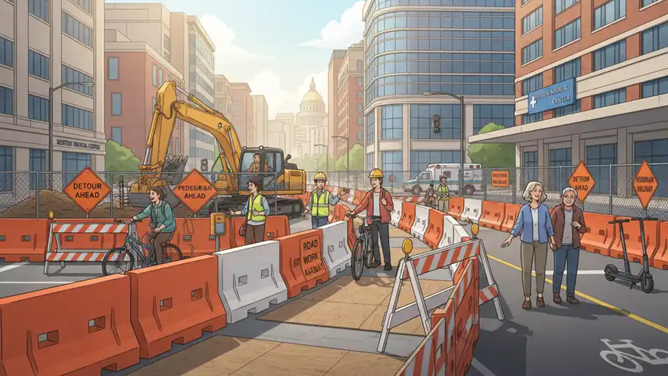 Construction site barriers and detour signs on urban street in medical district with pedestrian walkway