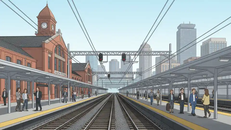 MBTA South Station exterior showing commuter rail platforms and track infrastructure