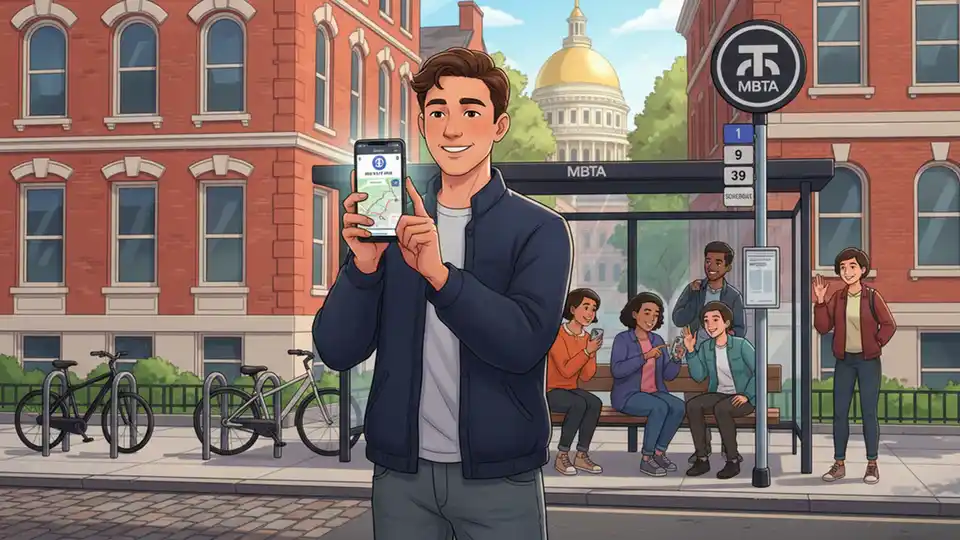 Transit rider using smartphone at bus stop to check schedule and route information