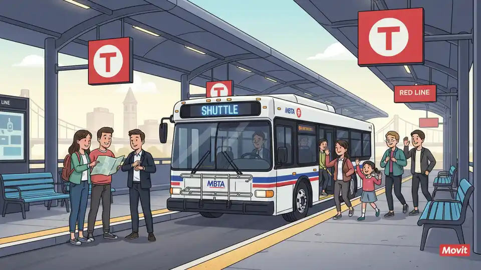 MBTA shuttle bus at transit station with Red Line signage visible