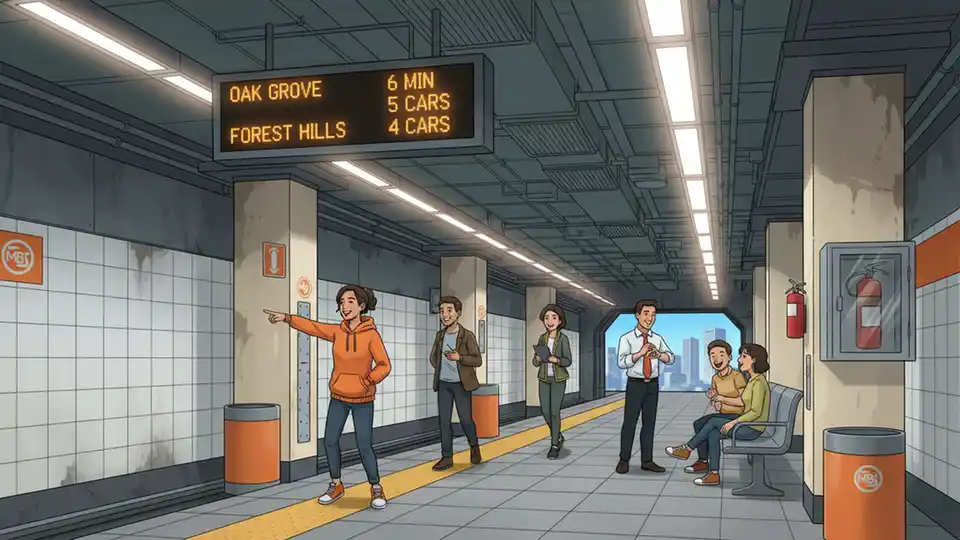 MBTA Orange Line station platform showing electronic arrival board and waiting area