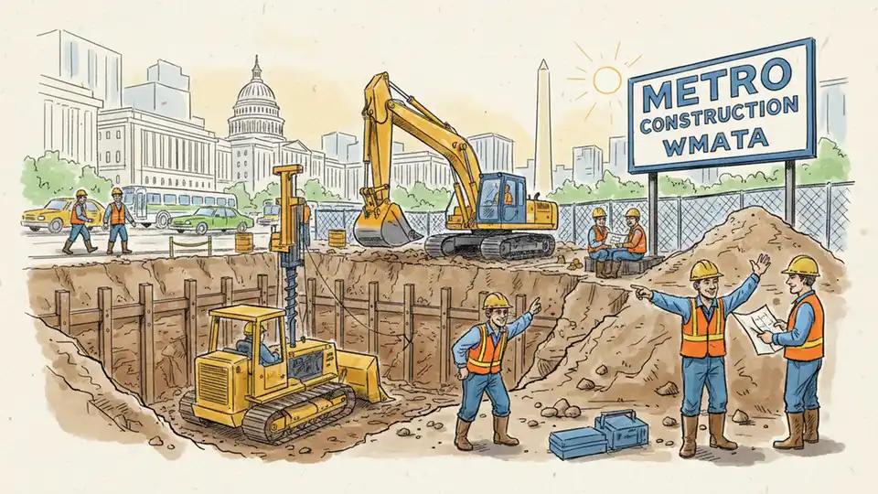 Historic Metro construction site with workers and equipment breaking ground