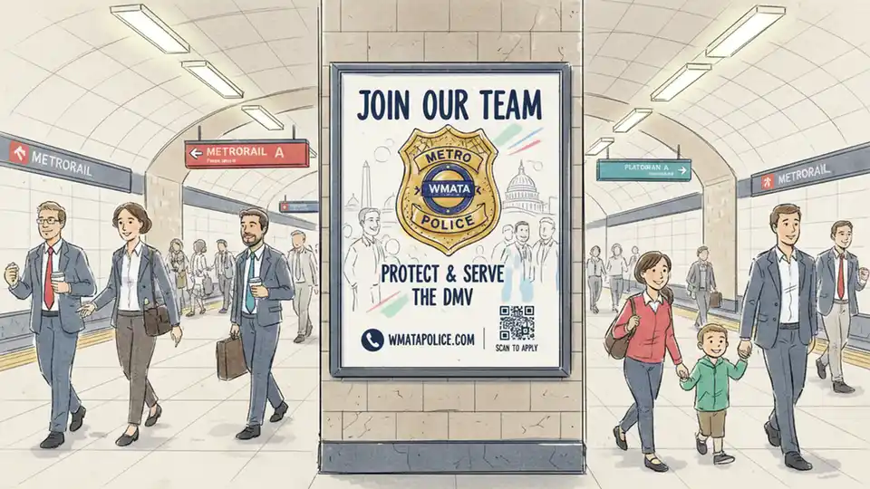 Metro Transit Police recruitment poster displayed at transit station showing badge and contact information with commuters walking past