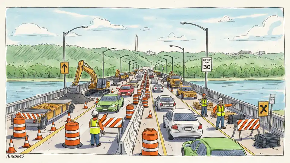 Construction crews working on George Washington Memorial Parkway bridge rehabilitation with traffic cones and equipment visible. Alt text: George Washington Memorial Parkway bridge repairs Route 123 interchange construction work Virginia. Composition: Ground-level view showing construction equipment and safety barriers on parkway bridge work zone with traffic management setup visible.