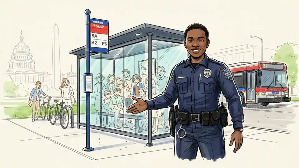 Transit police officer standing near bus stop with security presence visible