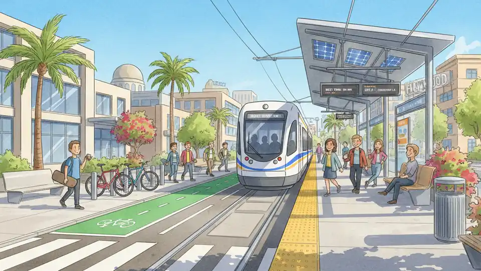 Modern light rail train at urban transit station platform with pedestrians and bike lanes visible in walkable city environment